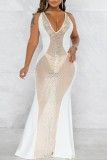 White Sexy Patchwork Hot Drilling See-through Backless Spaghetti Strap Long Dress