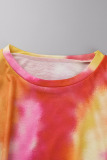 Red Casual Print Tie Dye Patchwork O Neck Plus Size Two Pieces