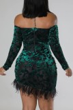 Green Sexy Solid Patchwork Feathers Backless Off the Shoulder Long Sleeve Dresses