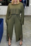 Green Casual Solid Patchwork Slit Oblique Collar Long Sleeve Two Pieces
