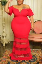 Red Plus Size Sexy Solid Patchwork Off the Shoulder Evening Dress