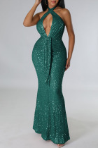 Green Sexy Solid Sequins Patchwork Backless Halter Evening Dress Dresses
