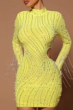 Apricot Sexy Patchwork Tassel Hollowed Out Beading Turtleneck Long Sleeve Dresses