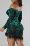 Green Sexy Solid Patchwork Feathers Backless Off the Shoulder Long Sleeve Dresses