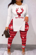 Red Casual Print Patchwork Slit O Neck Plus Size Two Pieces