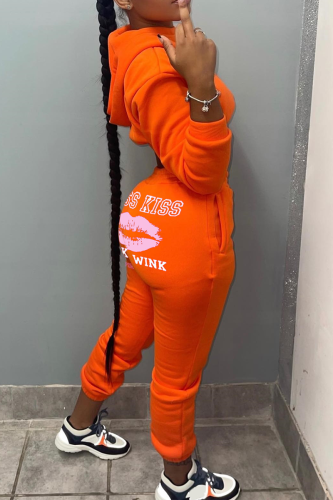 Orange Casual Lips Printed Patchwork Letter Hooded Collar Long Sleeve Two Pieces