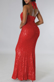 Red Sexy Solid Sequins Patchwork Backless Halter Evening Dress Dresses