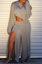 Grey Casual Solid Patchwork Slit Oblique Collar Long Sleeve Two Pieces