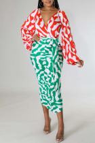 Red Green Sexy Print Bandage Patchwork V Neck One Step Skirt Dresses