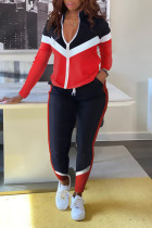 Red Casual Sportswear Solid Patchwork Zipper Long Sleeve Two Pieces