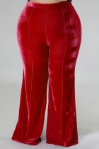 Red Casual Solid Patchwork Plus Size Trousers