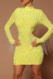 Apricot Sexy Patchwork Tassel Hollowed Out Beading Turtleneck Long Sleeve Dresses