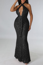 Black Sexy Solid Sequins Patchwork Backless Halter Evening Dress Dresses