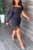 Black Sexy Casual Solid Tassel Off the Shoulder One Step Skirt Dresses