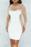 White Sexy Patchwork Hot Drilling See-through O Neck Long Sleeve Dresses