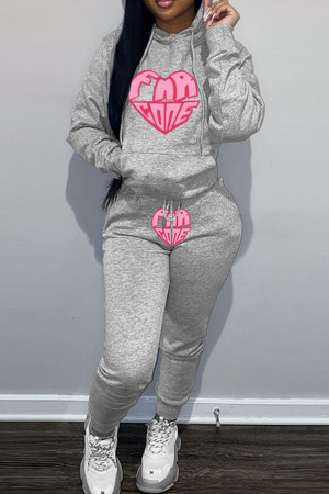 Grey Casual Print Patchwork Hooded Collar Long Sleeve Two Pieces