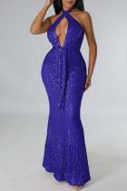 Blue Sexy Solid Sequins Patchwork Backless Halter Evening Dress Dresses