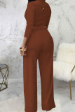 Burgundy Casual Solid Bandage Patchwork Buckle Mandarin Collar Straight Jumpsuits
