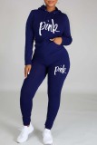 White Casual Letter Print Basic Hooded Collar Long Sleeve Two Pieces
