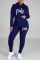 Deep Blue Casual Letter Print Basic Hooded Collar Long Sleeve Two Pieces