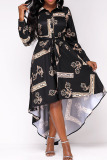 Black Casual Print Patchwork Buckle Turndown Collar A Line Dresses