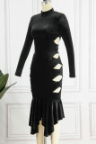 Black Sexy Elegant Solid Hollowed Out Patchwork Asymmetrical Half A Turtleneck One Step Skirt Dresses