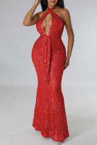 Red Sexy Solid Sequins Patchwork Backless Halter Evening Dress Dresses
