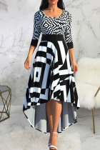 Black And White Casual Print Patchwork O Neck Straight Dresses