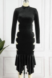 Black Sexy Elegant Solid Hollowed Out Patchwork Asymmetrical Half A Turtleneck One Step Skirt Dresses