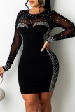 White Sexy Patchwork Hot Drilling See-through O Neck Long Sleeve Dresses