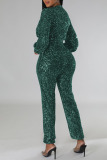 Green Sexy Solid Sequins Patchwork V Neck Regular Jumpsuits