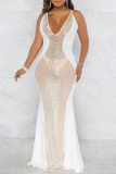 White Sexy Patchwork Hot Drilling See-through Backless Spaghetti Strap Long Dress