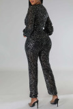 Black Sexy Solid Sequins Patchwork V Neck Regular Jumpsuits