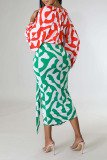 Red Green Sexy Print Bandage Patchwork V Neck One Step Skirt Dresses