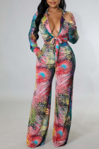 Multicolor Sexy Print Bandage Patchwork V Neck Long Sleeve Two Pieces