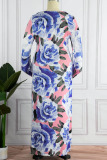 Blue Elegant Print Patchwork V Neck Printed Dress Plus Size Dresses