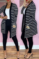 Black Casual Striped Print Cardigan Pants Long Sleeve Two Pieces