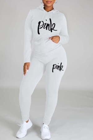 White Casual Letter Print Basic Hooded Collar Long Sleeve Two Pieces