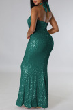 Green Sexy Solid Sequins Patchwork Backless Halter Evening Dress Dresses