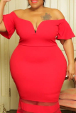 Red Plus Size Sexy Solid Patchwork Off the Shoulder Evening Dress