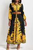 Black Yellow Casual Print Patchwork Buckle Turndown Collar Dresses(Without Belt)