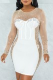 White Sexy Patchwork Hot Drilling See-through O Neck Long Sleeve Dresses