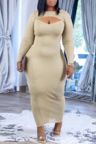 Apricot Sexy Casual Solid Hollowed Out O Neck Long Sleeve Dresses