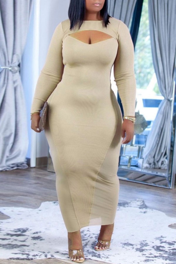 Apricot Sexy Casual Solid Hollowed Out O Neck Long Sleeve Dresses