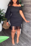 Black Sexy Casual Solid Tassel Off the Shoulder One Step Skirt Dresses