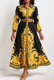 Black Yellow Casual Print Patchwork Buckle Turndown Collar Dresses(Without Belt)