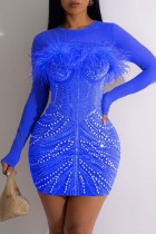 Blue Sexy Patchwork Hot Drilling See-through Feathers Pearl O Neck Long Sleeve Dresses