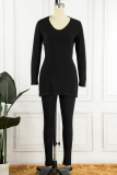 Black Casual Solid Slit V Neck Long Sleeve Two Pieces