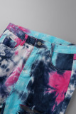 Dark Blue Pink Casual Tie Dye Ripped Turndown Collar Long Sleeve Two Pieces