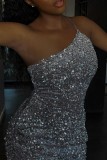 Silver Gray Sexy Patchwork Sequins Backless Oblique Collar Sleeveless Dress Dresses